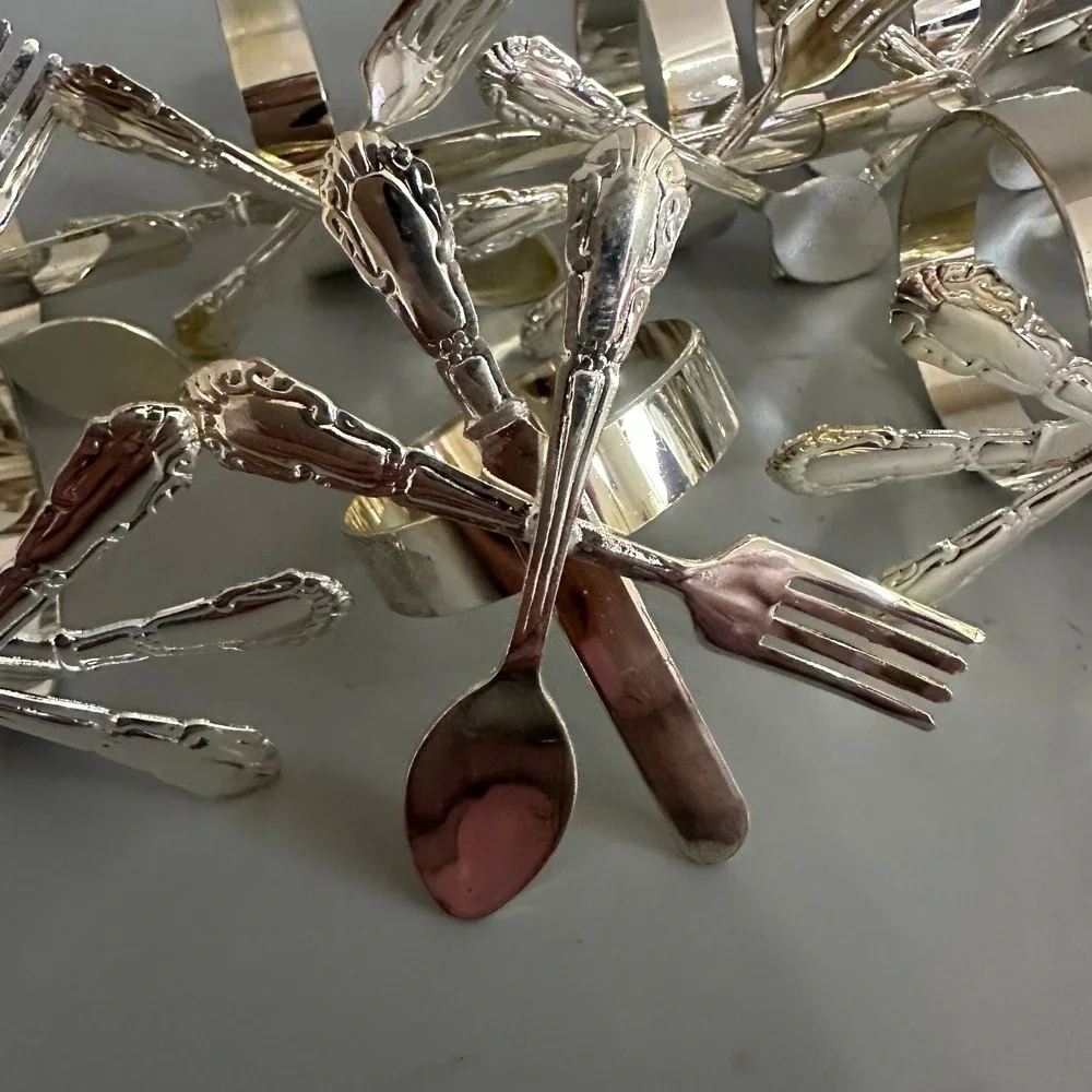 Set of 12 Silver Plated Napkin Rings Crossed Flatware Fork Knife Spoon Motif